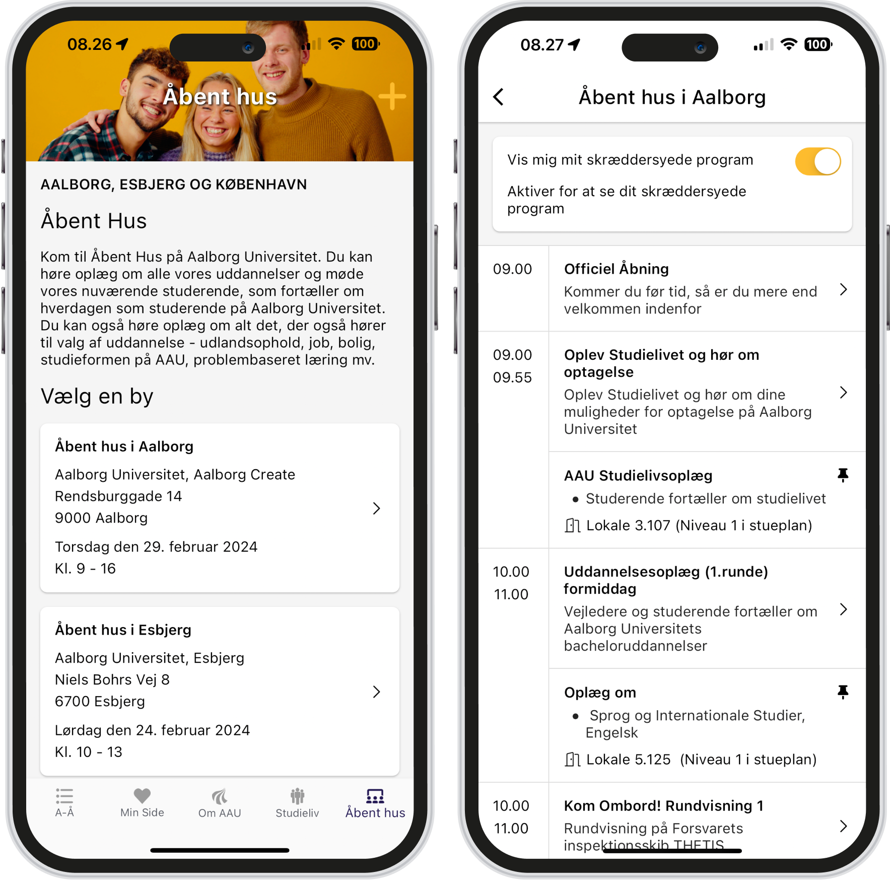 Åbent Hus-featuren i AAU Guide